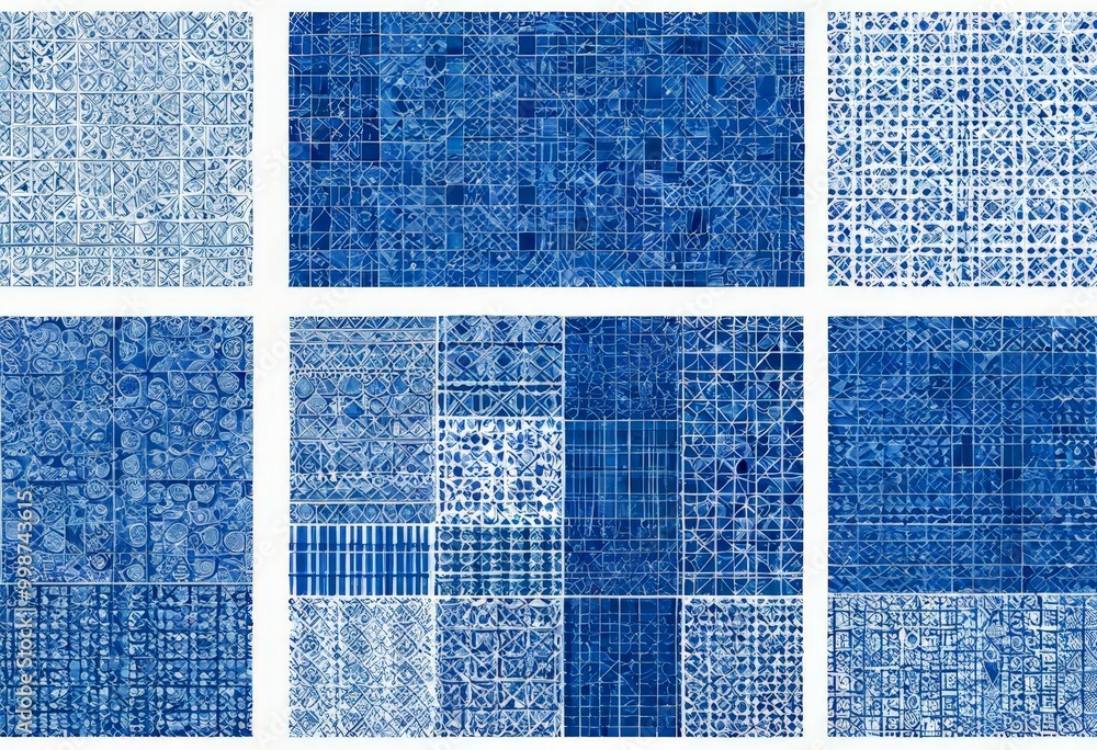 Poster The contains nine distinct blue and white patterned tiles arranged in a 3x3 grid The tiles feature various geometric designs, including squares, rectangles, and