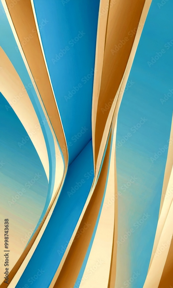 Poster a vibrant abstract composition of curved lines in various shades of blue and beige, creating a dynamic and visually striking pattern