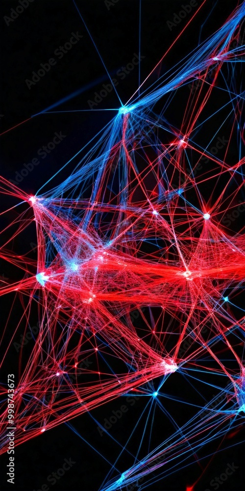 Poster a digital illustration featuring a complex network of interconnected lines and points in red, blue, and white, creating a striking visual effect