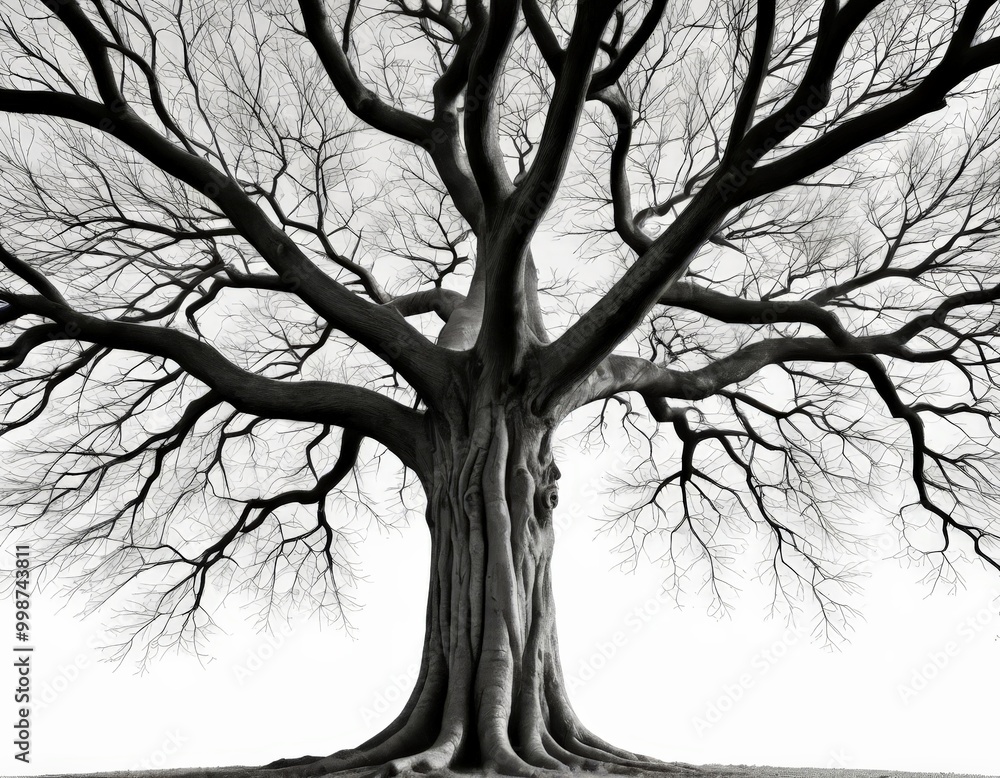 Poster a black and white photograph large tree with a thick trunk and numerous branches, standing alone aga
