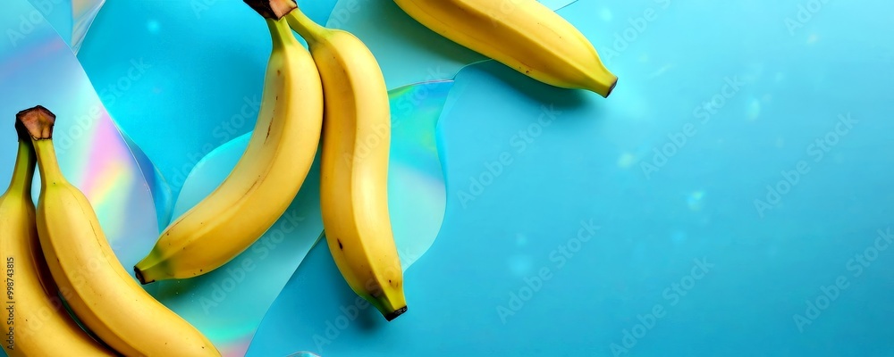 Aufkleber A group of ripe yellow bananas rests on a blue background, with a rainbow-like pattern and a subtle shimmer effect