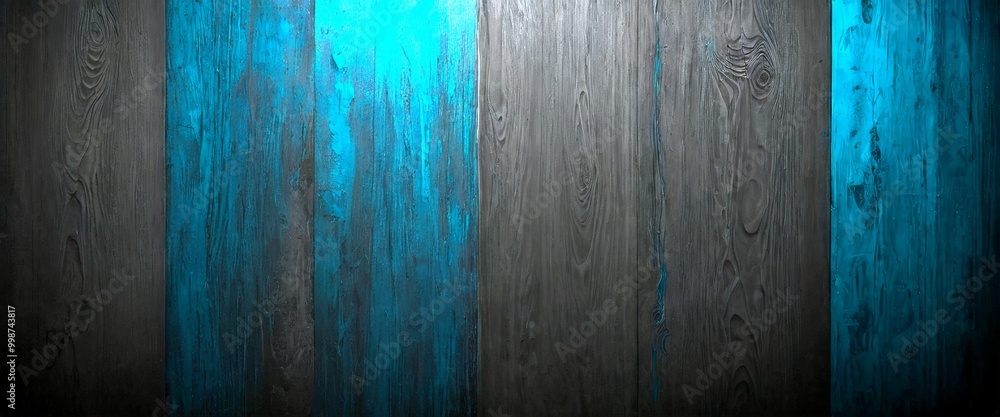 Aufkleber a dark wooden surface with vertical blue paint lines running through it, creating a striking contras