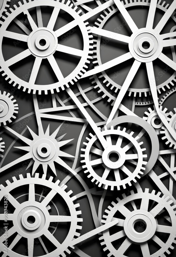 Poster A complex arrangement of gears and cogs, in a monochromatic style, creates a visually striking and intricate pattern