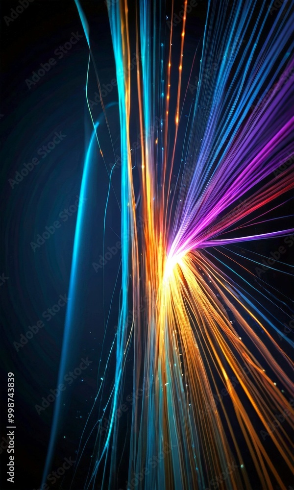 Poster a vibrant, abstract representation burst of light, with a multitude of colorful lines and rays radiating outward from a central point, creating a dynamic and