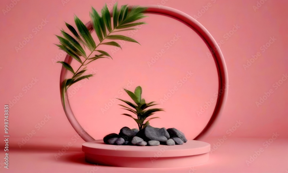 Poster a minimalist scene with a plant in a circular frame, rocks, and a pink background