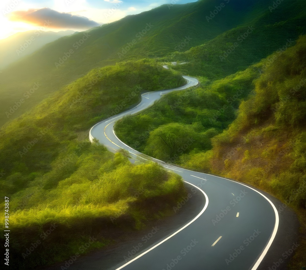 Poster a winding road ascends a lush, green mountain, with the sun's rays filtering through the trees and c