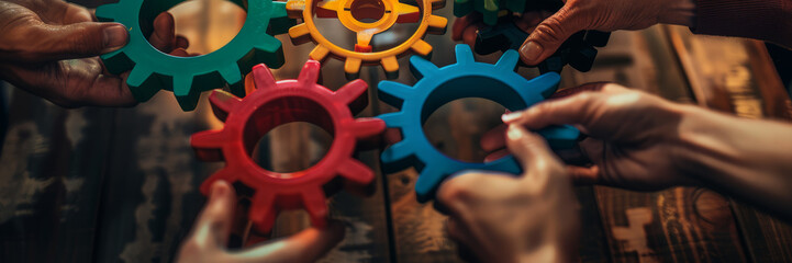 A group of people holding colorful gears in their hands, a collaboration and success concept.
