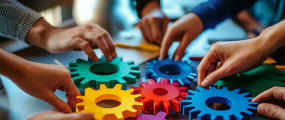 A group of people holding colorful gears in their hands, a collaboration and success concept.