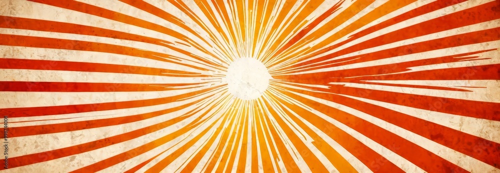Poster a vibrant abstract design with a central white circle surrounded by radiating orange and white lines, creating a striking visual effect
