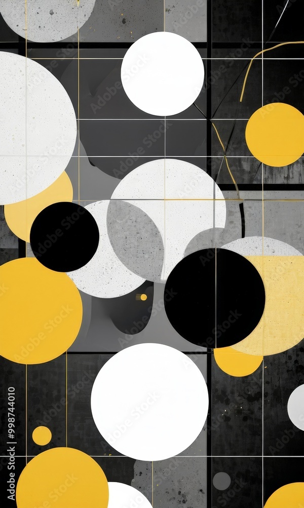 Poster a striking abstract composition of overlapping circles in various shades of yellow, black, and white