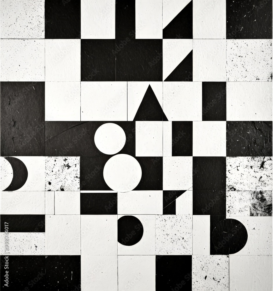 Poster a black and white abstract composition featuring geometric shapes and patterns, including squares, rectangles, triangles, and circles, arranged in a grid-like pattern