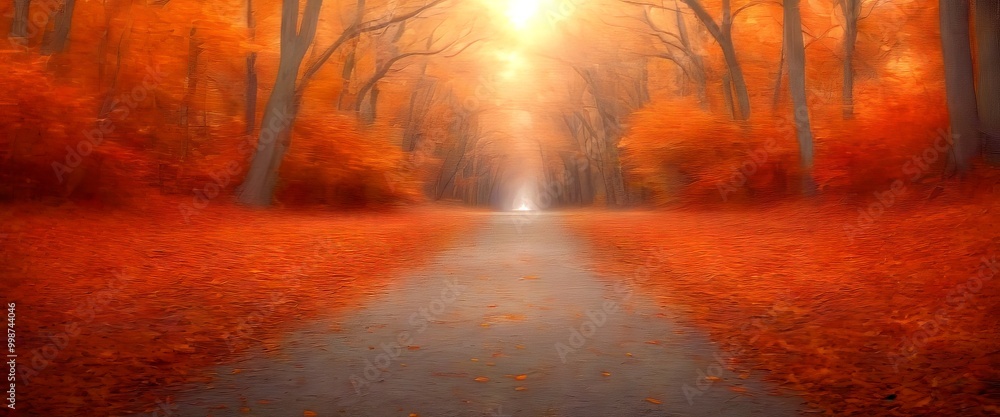 Poster a foggy autumnal path winds through a forest of orange and red trees, creating a serene and atmosphe