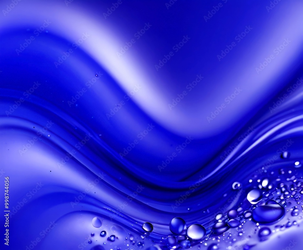 Poster a vibrant abstract composition of blue and purple hues, with wavy lines and scattered water droplets