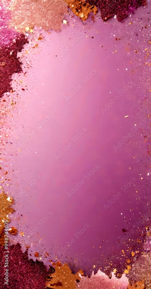 Poster a purple background with gold glitter and splatters, creating a vibrant and textured effect