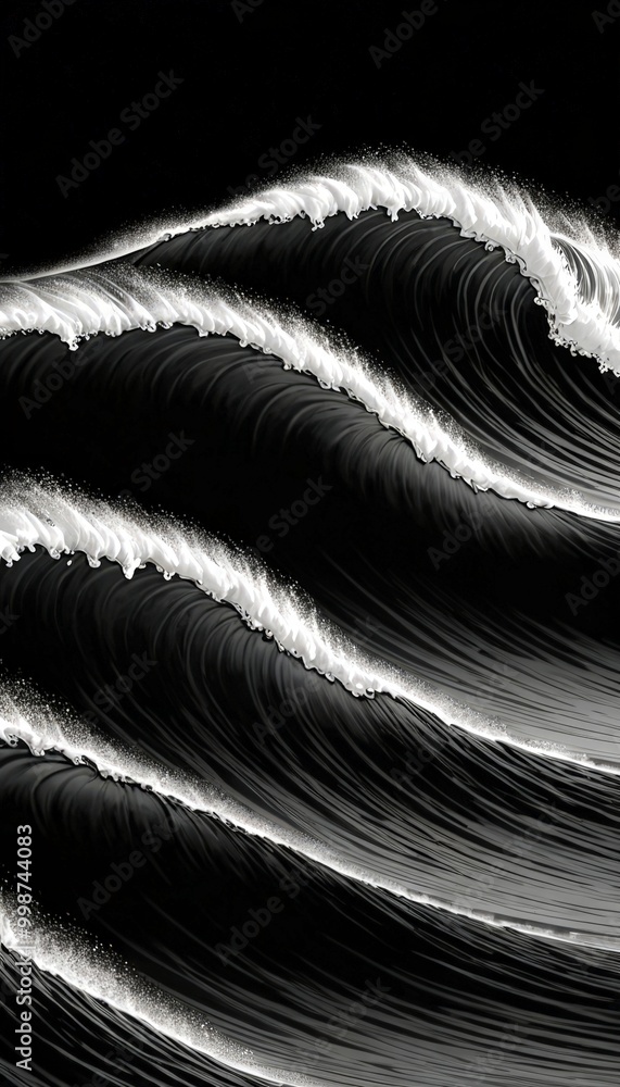 Aufkleber a dramatic black and white scene large, curling wave with white foam and spray, creating a sense of 