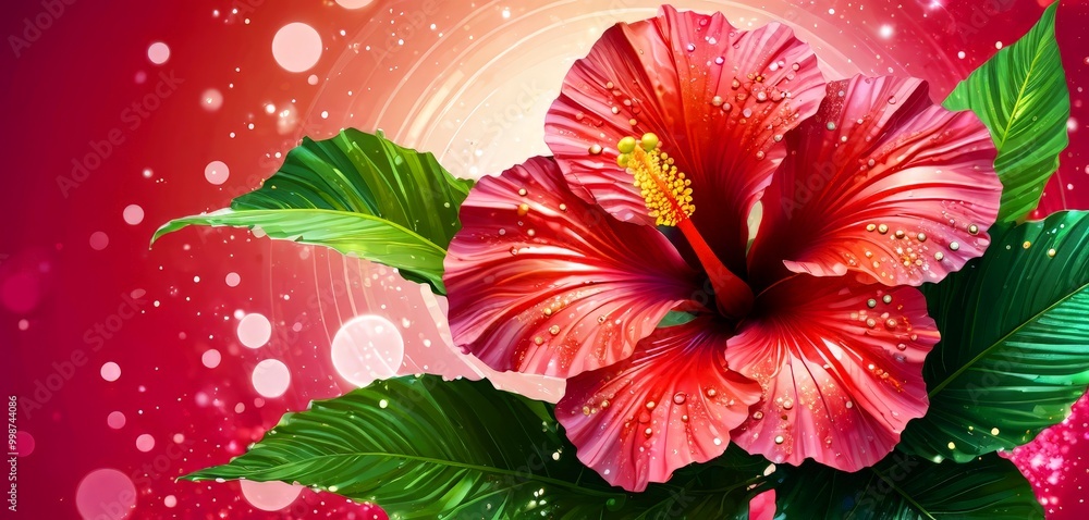 Poster a vibrant hibiscus flower with a yellow center and red petals is set against a red background with w
