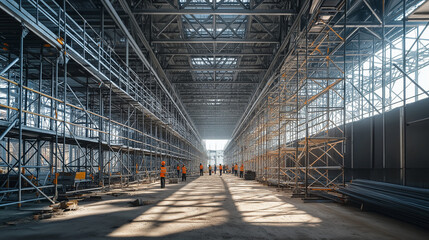 Large industrial warehouse under construction with scaffolding