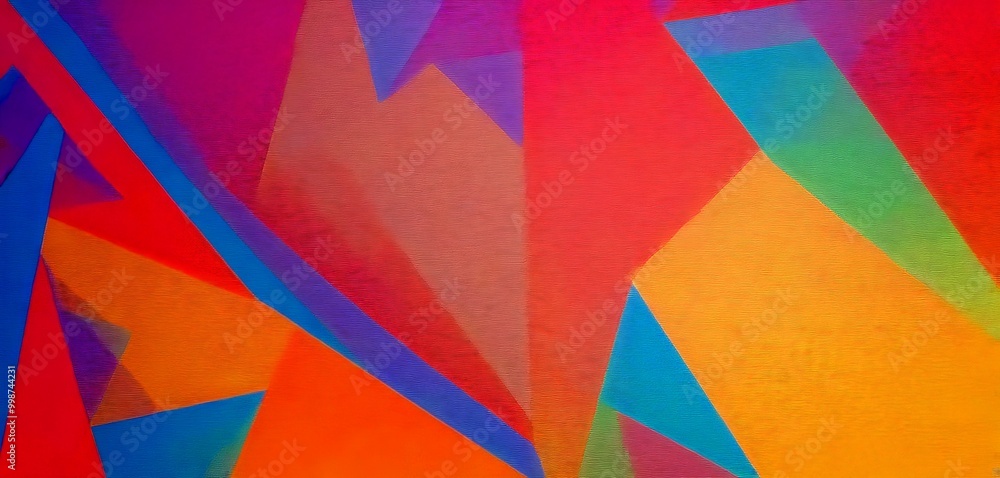 Poster Abstract geometric composition featuring intersecting lines and triangles in various colors, including red, orange, yellow, blue, and green