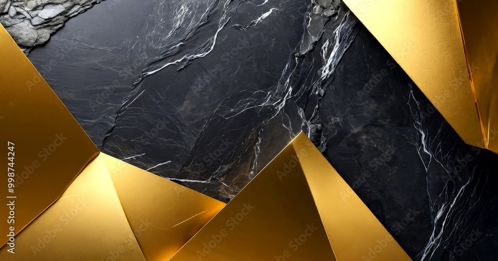 Poster a striking geometric composition with a black marble background and gold triangular shapes