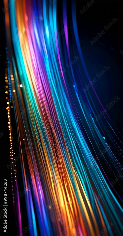 Poster a vibrant display of multicolored light trails, creating a mesmerizing and dynamic visual effect The trails, which are composed of numerous thin strands