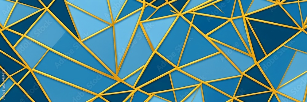 Poster a geometric pattern composed of intersecting lines and triangles in shades of blue and gold, creating a visually striking and abstract design
