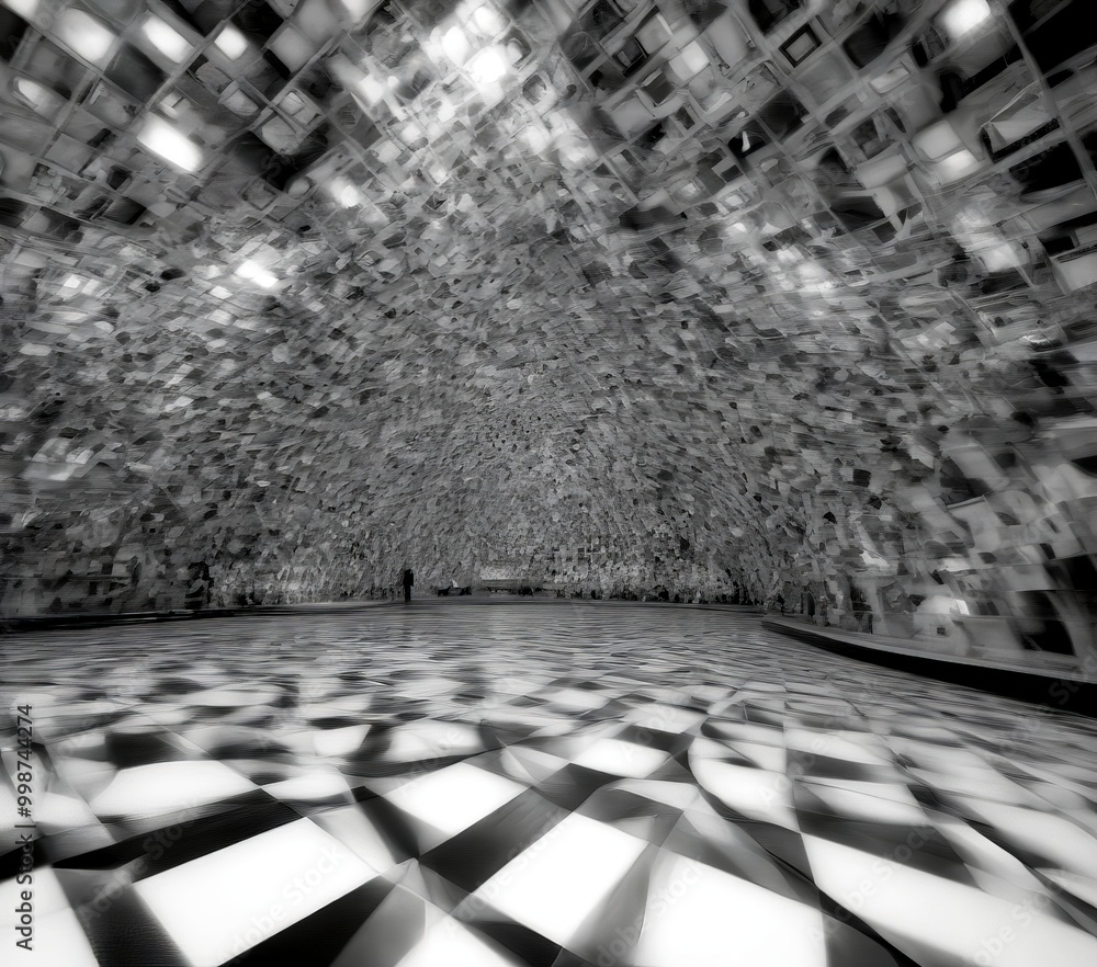 Poster a black and white photograph room with a checkered floor and a ceiling covered in small square tiles, creating a visually striking and abstract pattern