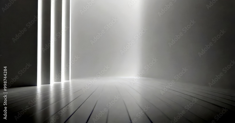 Poster a minimalist, monochromatic room with a white floor and walls, featuring three vertical light lines 