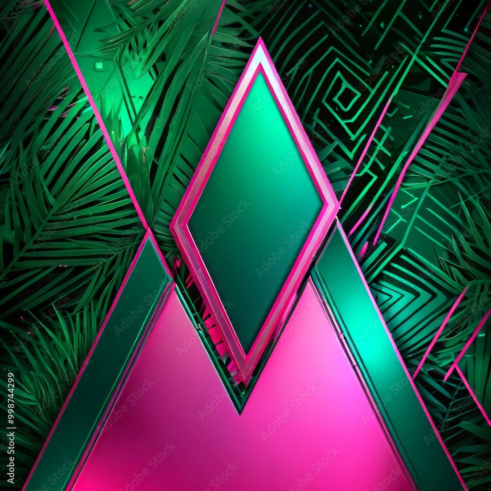 Poster a vibrant abstract composition with a diamond-shaped pink frame in the center, surrounded by a geometric pattern of green and pink lines and shapes