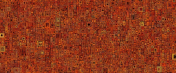 a digital illustration featuring a grid-like pattern of overlapping square shapes in shades of orange and brown, creating a visually striking and abstract composition