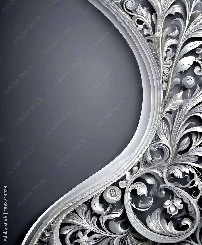 Poster a decorative silver-colored ornamental design with a curved, wave-like pattern on a dark gray backgr
