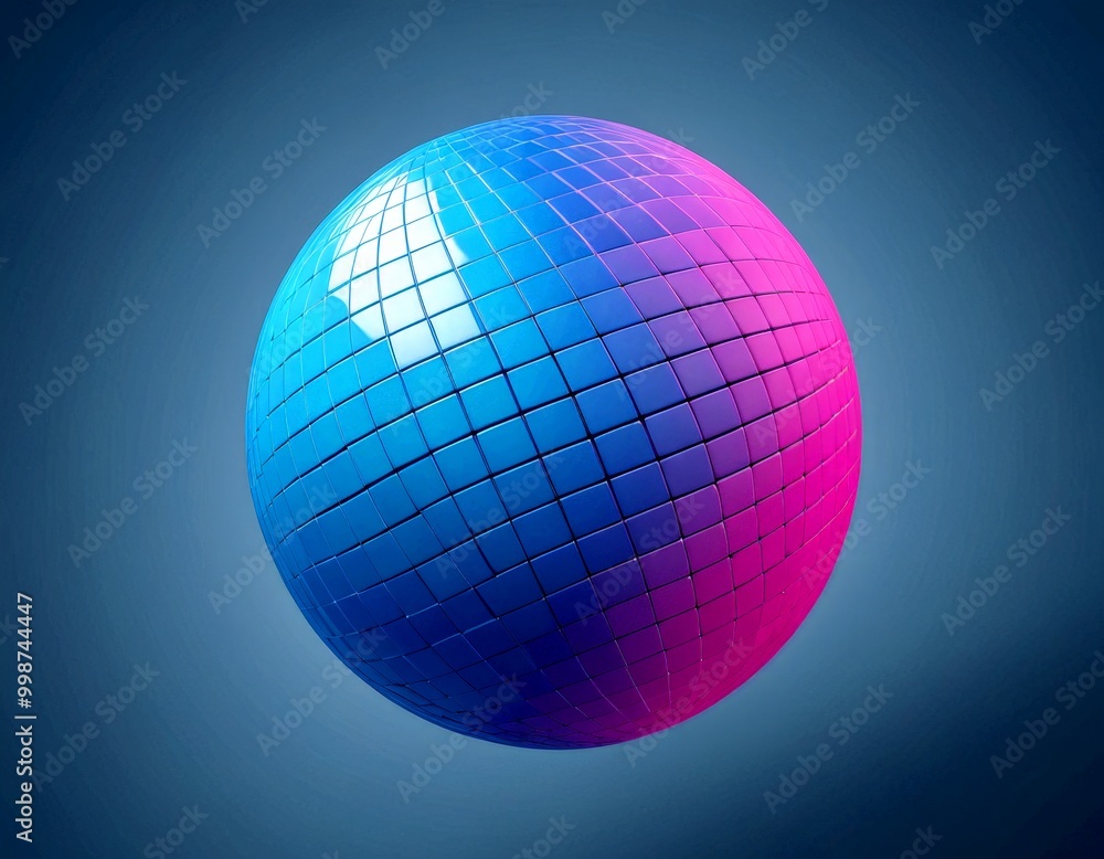 Poster A spherical object with a grid-like pattern of blue and pink squares, set against a dark blue background