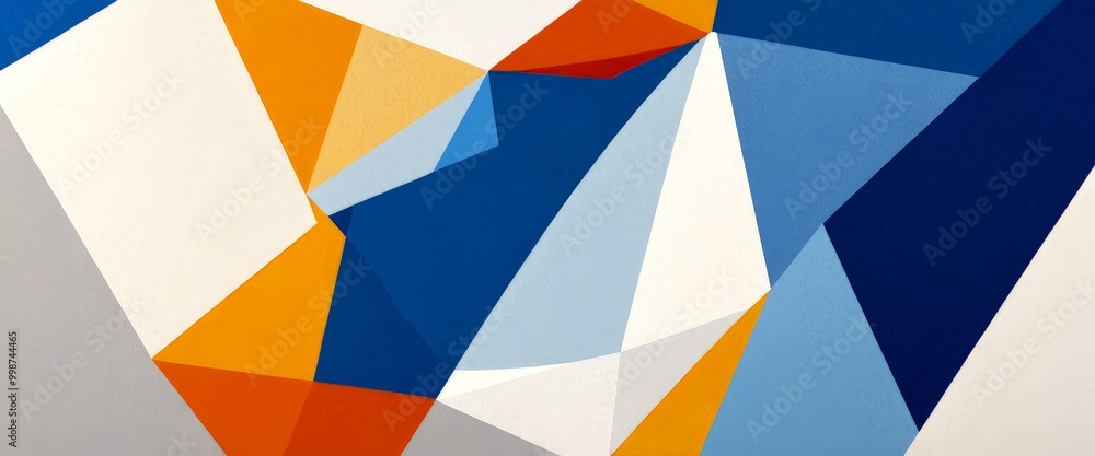 Poster an abstract composition featuring a geometric pattern of intersecting lines and triangles in various shades of blue, orange, and gray