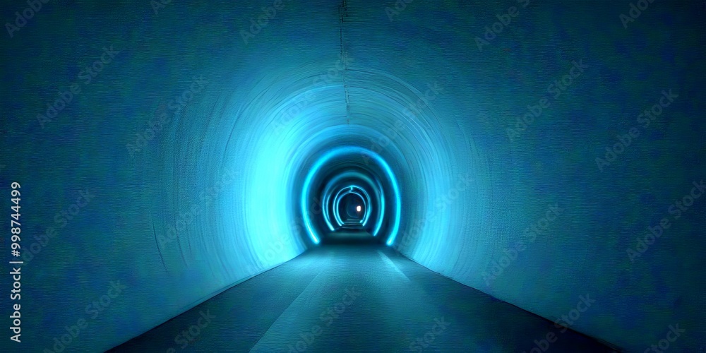 Poster A long, dark tunnel with a single light source at the end, creating a mesmerizing tunnel of blue and white lights