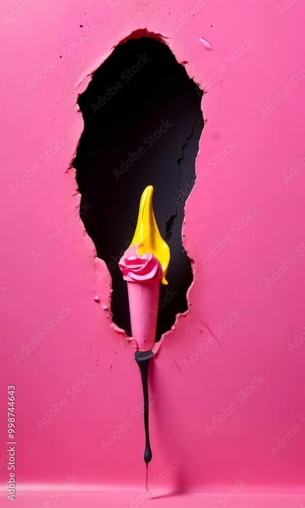 Aufkleber A melting ice cream cone with a yellow scoop and pink swirls is sticking out large hole in a pink wall, creating a visually striking and dynamic composition