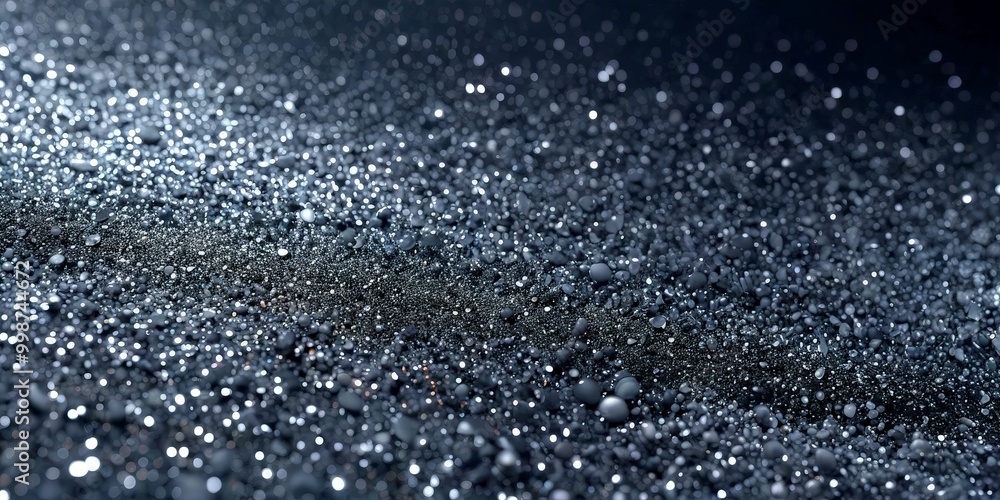 Poster A close-up view textured surface, possibly asphalt or concrete, with a dark background and numerous small, round, and irregularly shaped objects scattered across it,