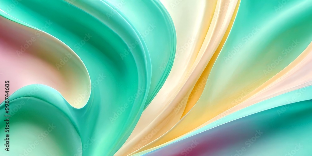 Poster a vibrant abstract composition of curved lines and swirls in pastel shades of blue, green, and pink,