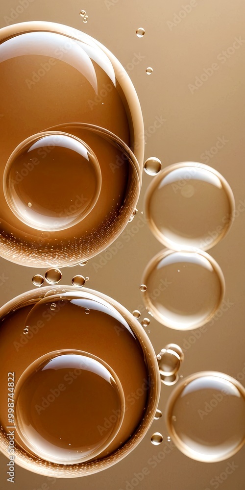 Aufkleber a close-up view of several spherical water droplets suspended in a light brown liquid, creating a visually captivating and abstract composition