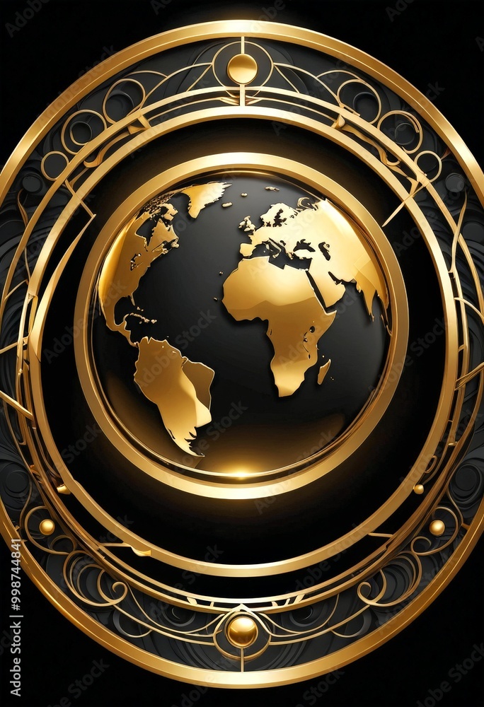 Poster a golden globe encased within a circular frame, set against a black background adorned with intricat