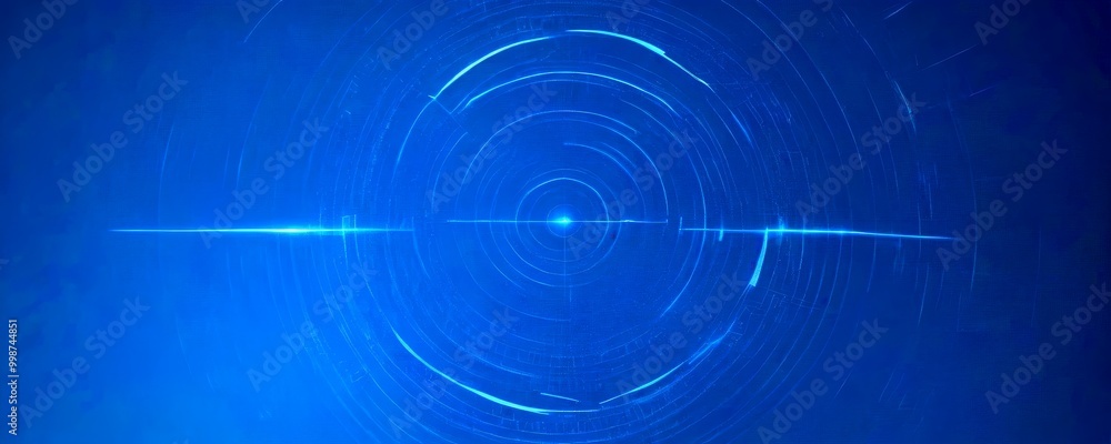 Poster a captivating abstract composition of concentric circles and lines, in a striking blue color The central circle is adorned with a radiant light source,