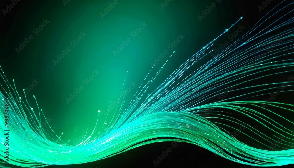 Poster a wave-like pattern of green and blue lines, with small white dots scattered throughout, creating a sense of movement and energy