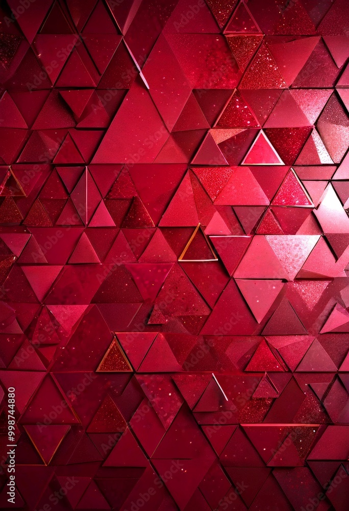 Poster a close-up view wall composed of numerous red triangles arranged in a grid-like pattern, creating a visually striking and geometric design