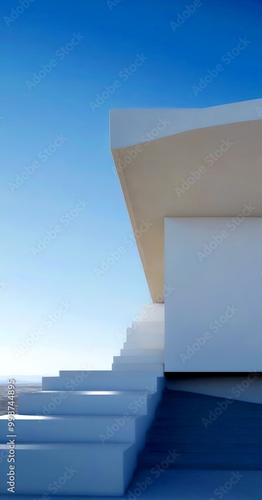 Poster a minimalist architectural design with a white building and a set of stairs leading up to it, set ag