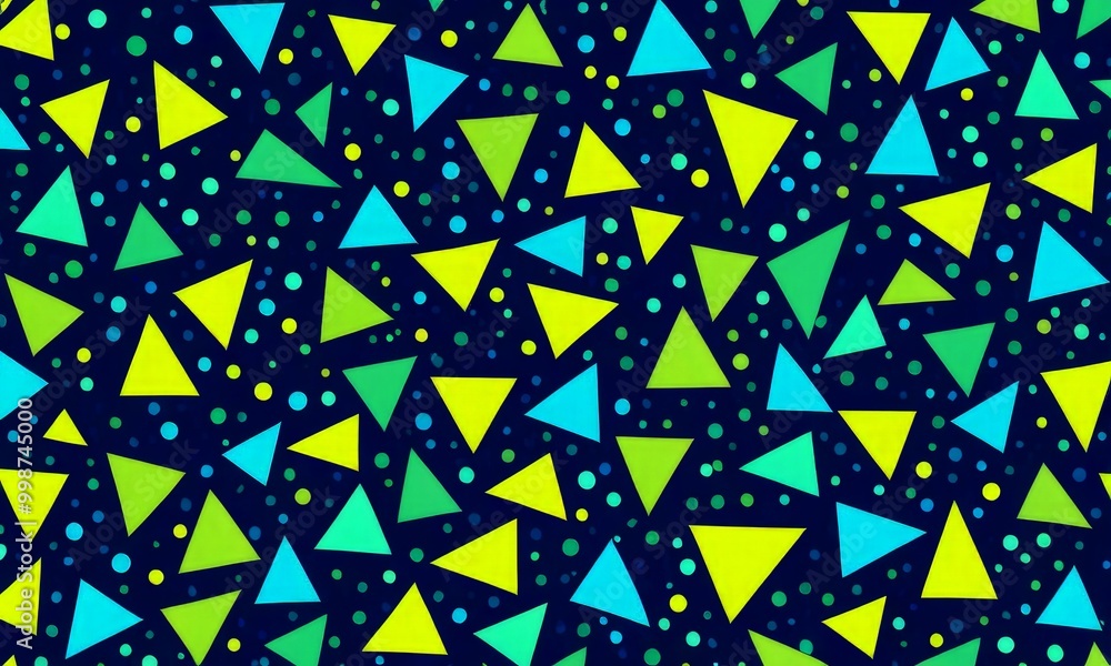 Poster a seamless pattern of triangles in various shades of green and yellow, scattered across a dark blue 