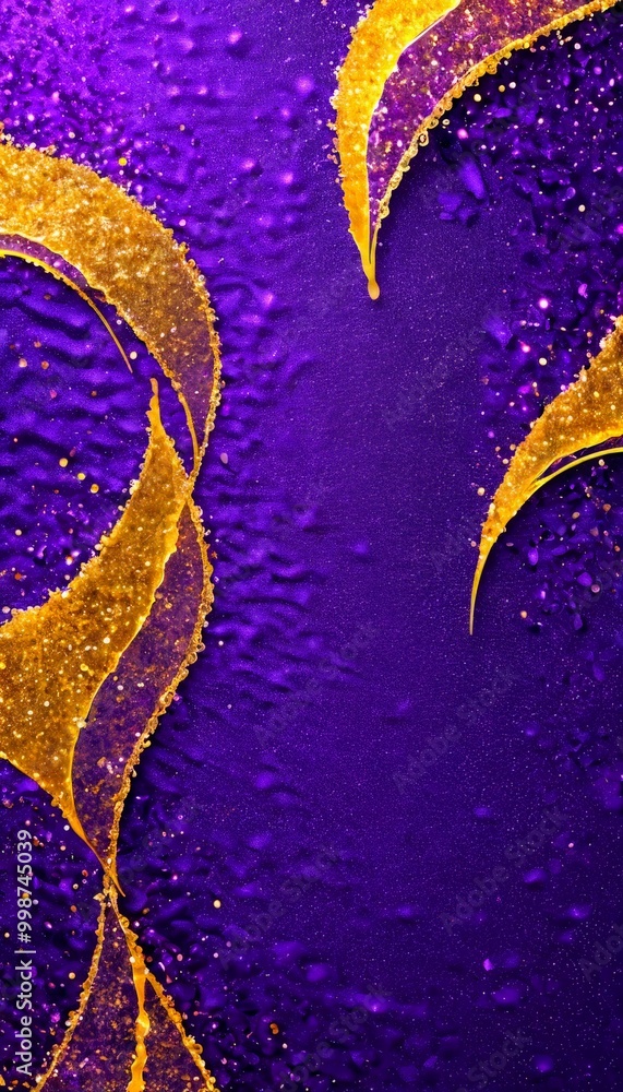 Poster a purple background with gold glittering lines and shapes, creating a visually striking and dynamic composition
