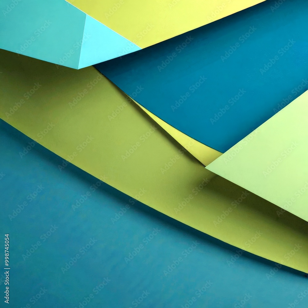 Poster a geometric abstract composition of overlapping paper shapes in various shades of green and blue, cr