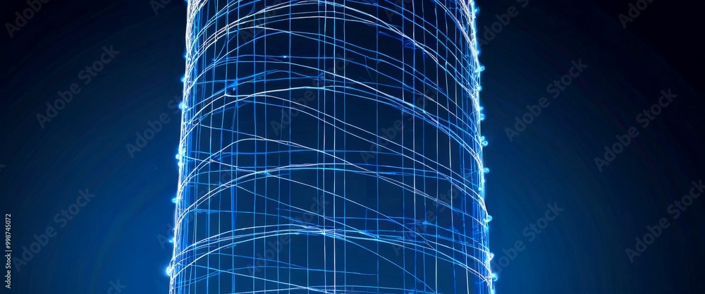 Poster a close-up view tall, cylindrical building with a grid-like pattern of blue lights, creating a striking visual effect against a dark background