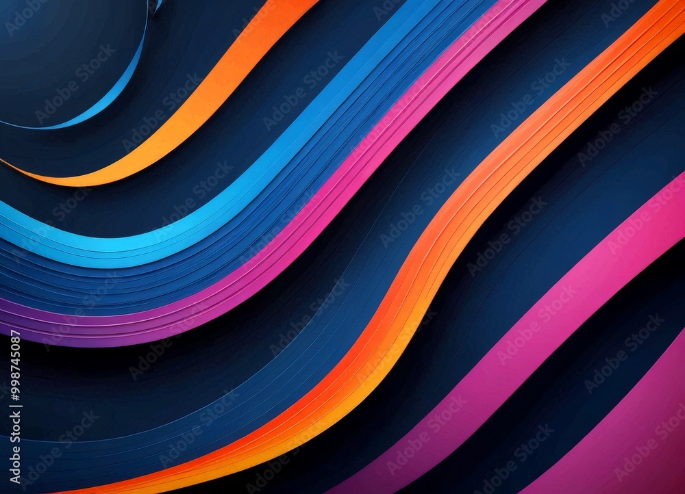 Poster a vibrant abstract pattern composed of curved lines in various shades of blue, orange, pink, and pur
