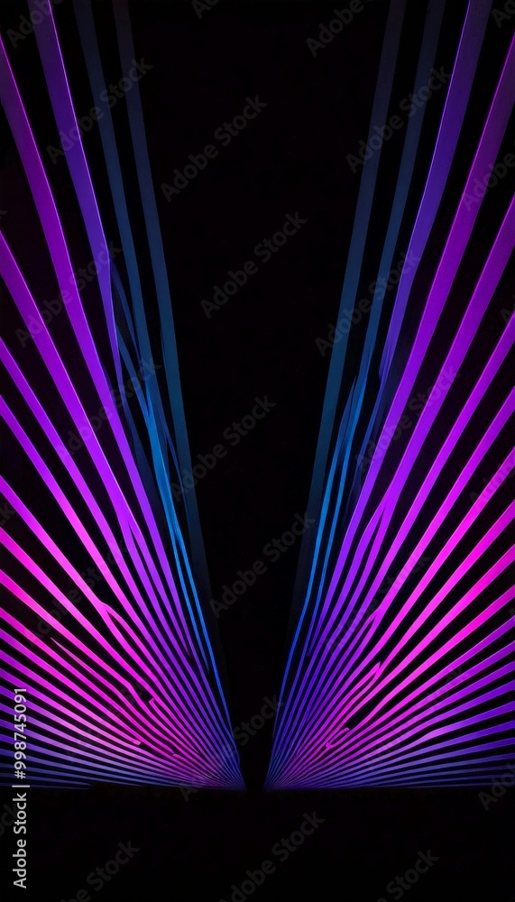 Poster a striking abstract composition of intersecting lines in various shades of purple and blue, creating a sense of depth and movement.