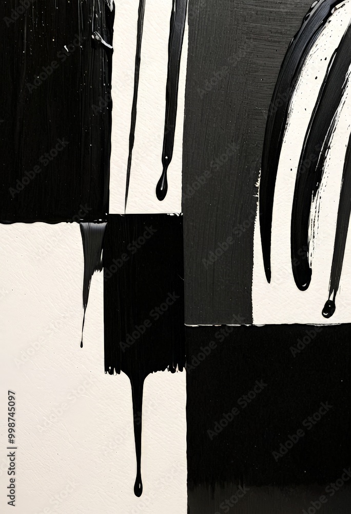 Poster abstract black and white composition featuring dripping paint on a white background