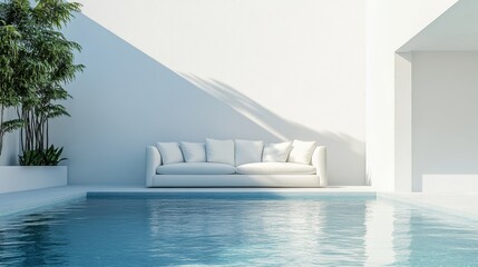 3D render of a modern minimalist sofa floating peacefully in the center of a pool with white walls surrounding